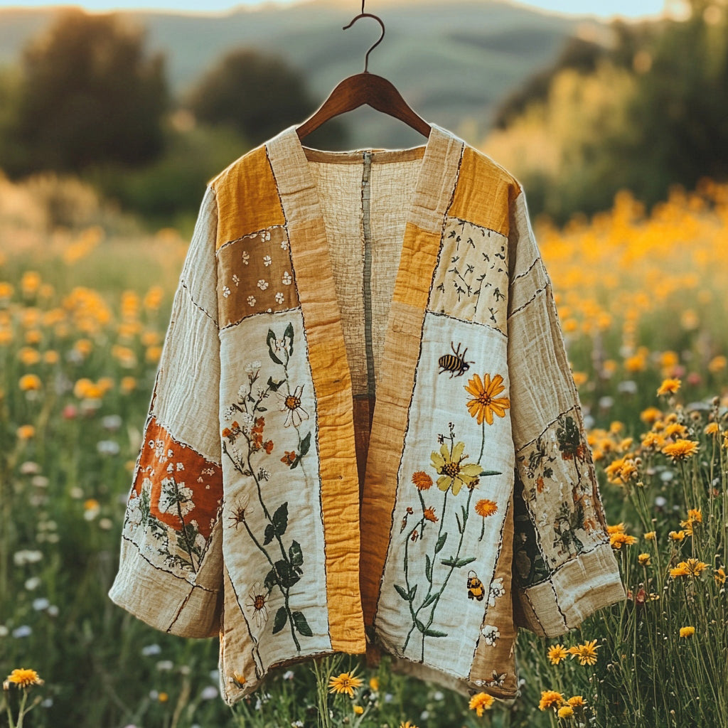 Women's Vintage Breathable Linen Bee Floral Kimono artswardrobe