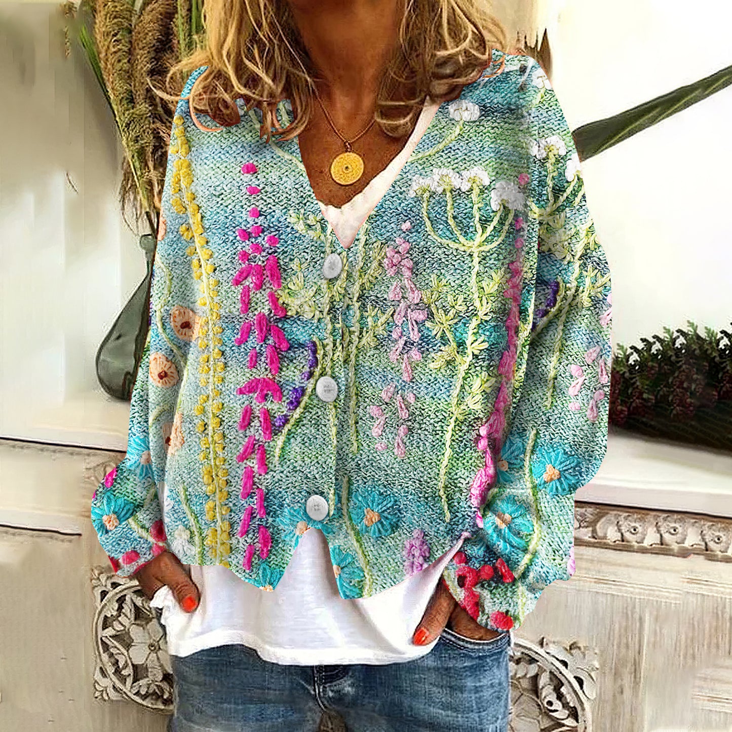 Vintage Floral Print V-Neck Long Sleeved Knitted Cardigan artswardrobe