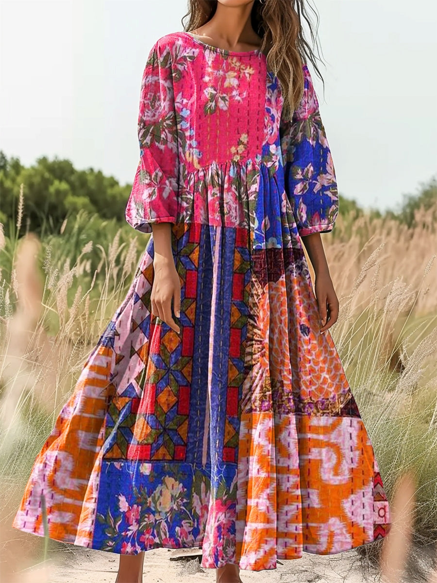 Women's Bohemian Patchwork Art Print Flowy Cotton Crew Neck Dress
