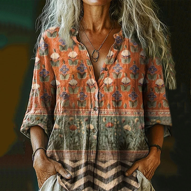 Women's Vintage Floral Collage Art Pattern Print Casual Cotton And Linen Shirt artswardrobe