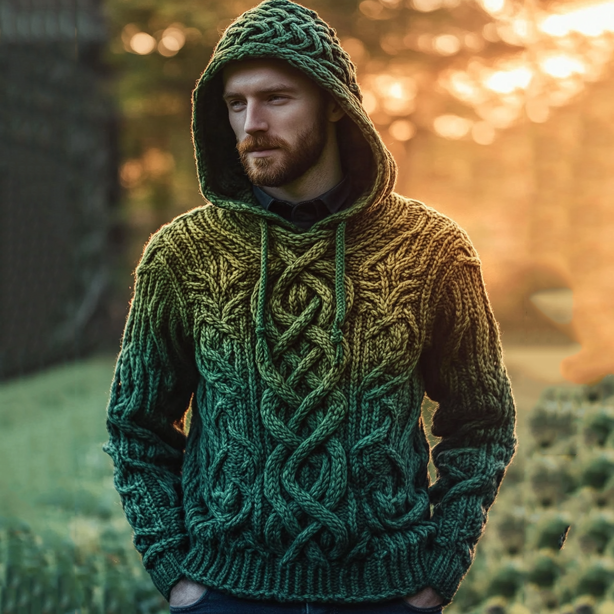 Men's Vintage Irish Celtic Knot Jacquard Mottled Hooded Sweater artswardrobe