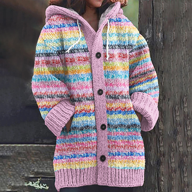 Classy Mohair Rainbow Stripe Jacquard Art Cozy Hooded Cardigan artswardrobe