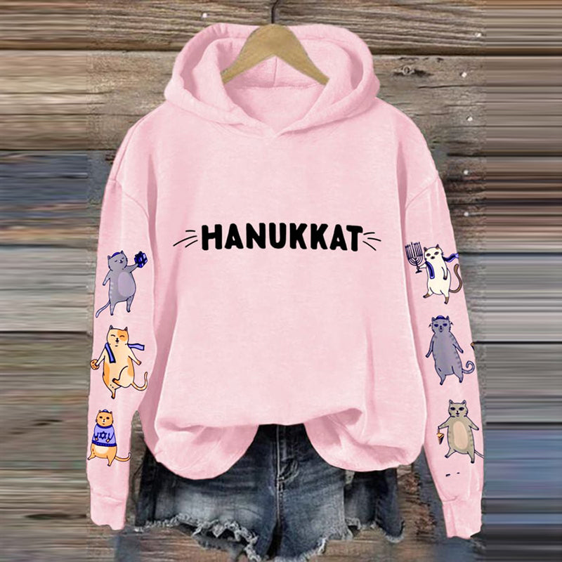 Women's Hanukkah Cat Print Casual Hoodie elevenforest