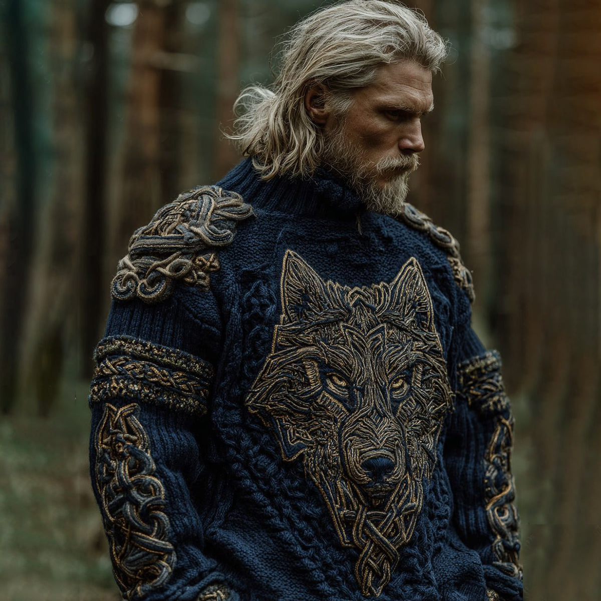 Men's Vintage Viking Wolf Pattern Knit Pullover Sweater artswardrobe
