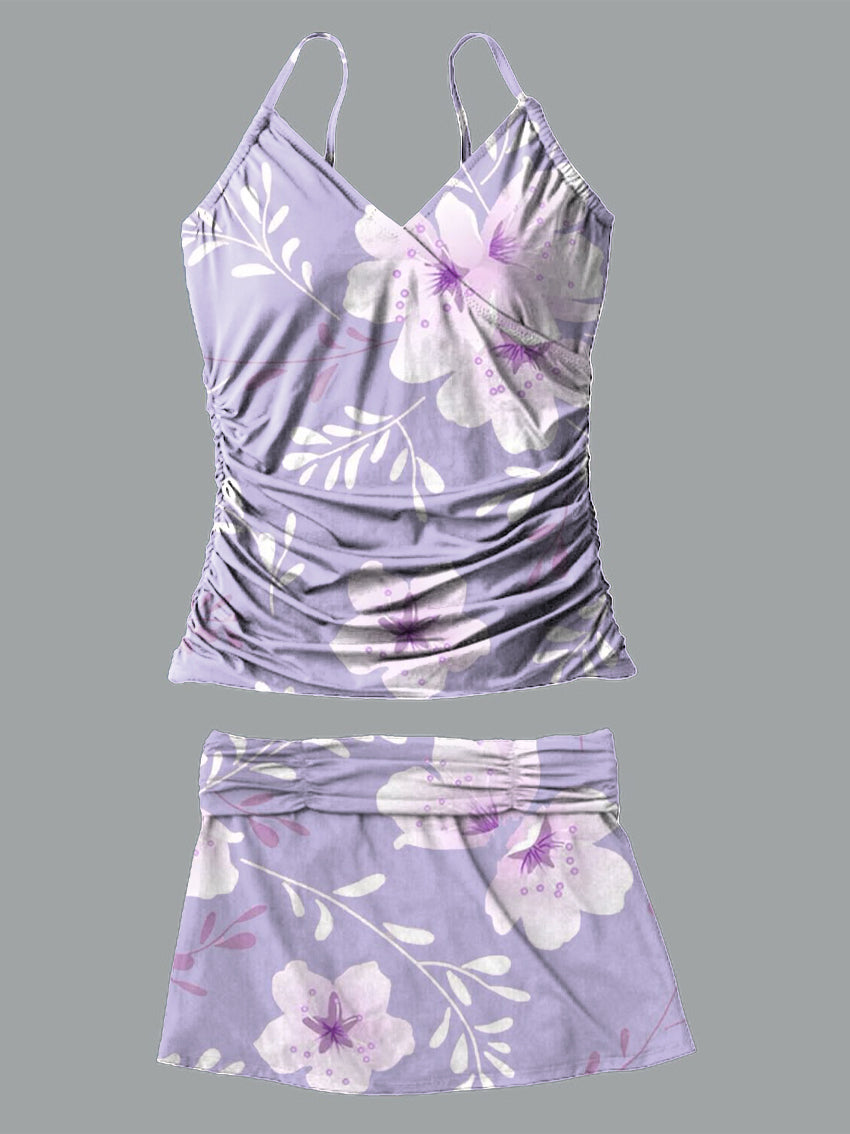 Purple Flower V-Neck Vintage Flowers Print Suspender Skirt Tankini Pantskirt Set Swimsuit