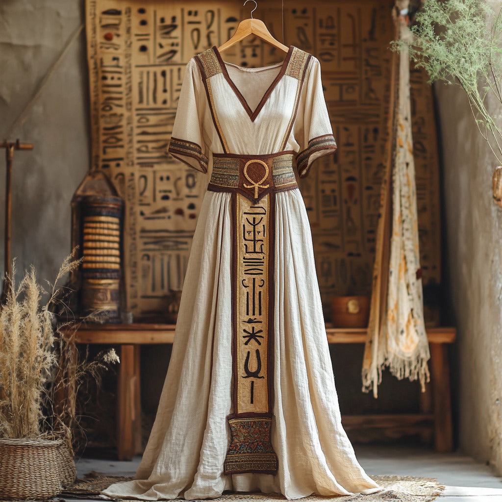 Egyptian Nile Goddess Ankh Totem Women's Linen Short Sleeve Maxi Dress