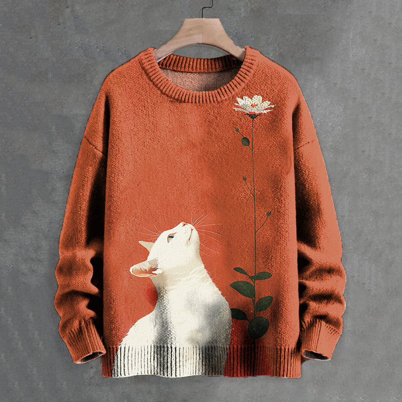 Men's White Cat And Flowers Art Print Knit Crew Neck Sweater elevenforest