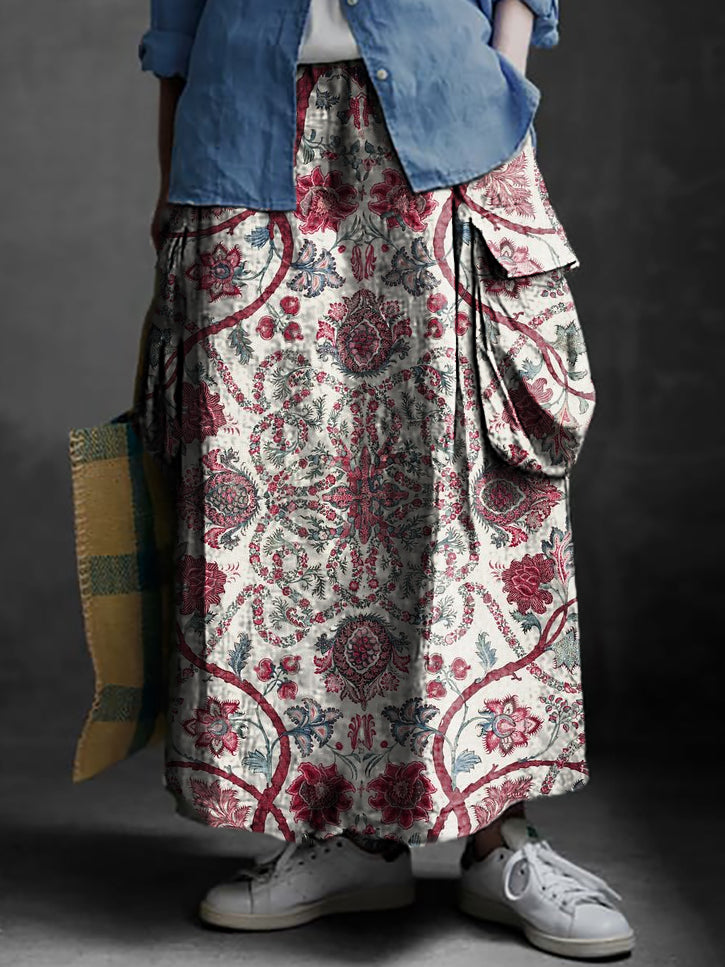 Women's Folk Art Floral Print Casual Cotton and Linen Pocket Skirt