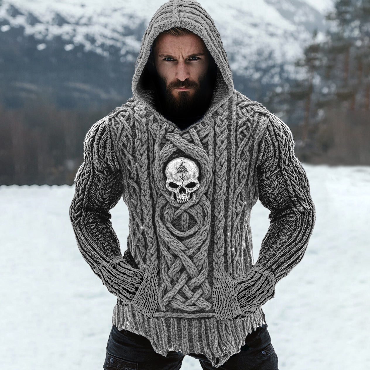 Men's Viking Tribal Skull Rune Celtic Inspired Knit Hooded Sweater artswardrobe