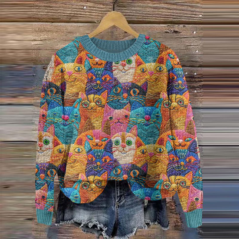 Embroidery Cat Pattern Cozy Knit Sweater elevenforest