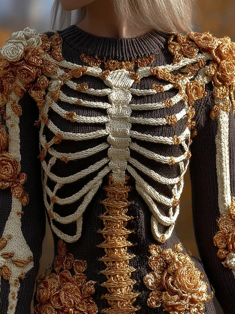 Classy Skeleton Roses Embroidered Cozy Knit Sweater artswardrobe