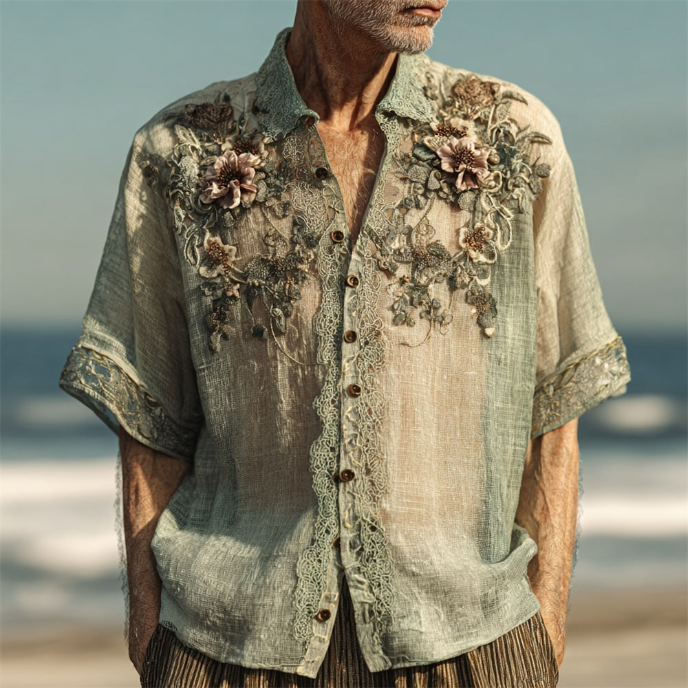 Vintage Boho Lace Floral Art Men's Linen Short Sleeve Shirt artswardrobe
