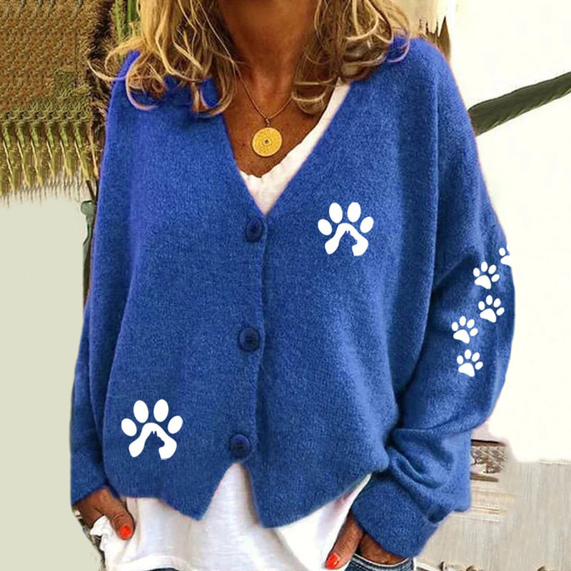 Cute Paw Print V-Neck Long Sleeved Knitted Cardigan elevenforest