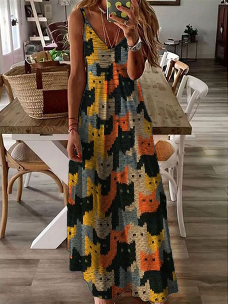 Colorful Cats Knit Art Cami Maxi Dress elevenforest