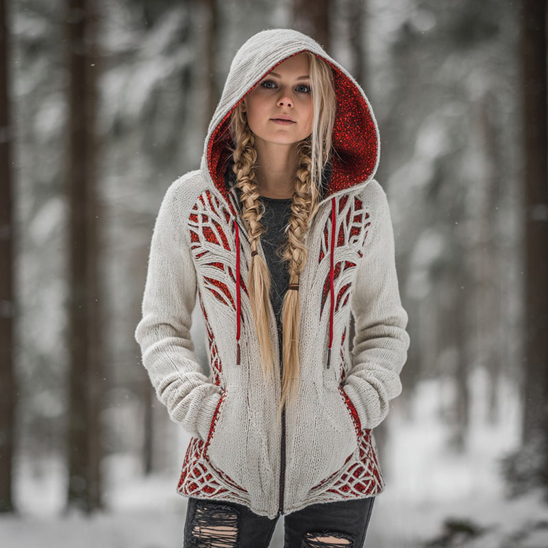 Women's Vintage Viking Tree Of Life Sequined Knit Jacquard Zip-up Hooded Sweater artswardrobe