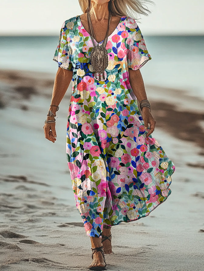 Women's Vintage Floral Art Print Pocket Cotton Dress