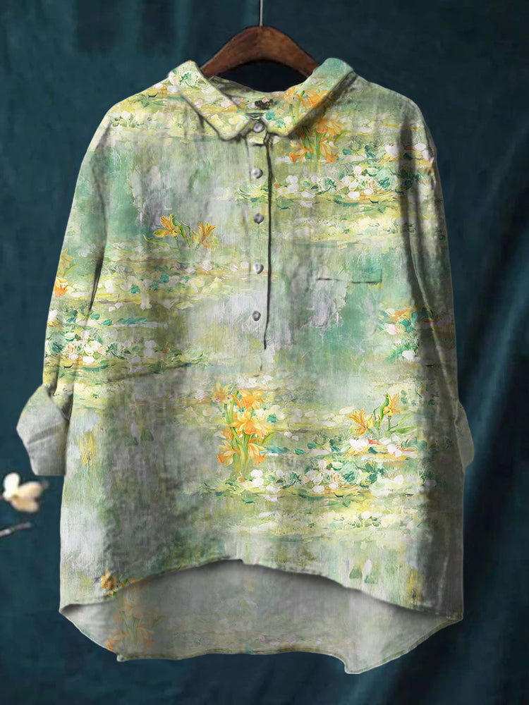 Ladies Elegant Oil Painting Flower Print Cotton And Linen Shirt