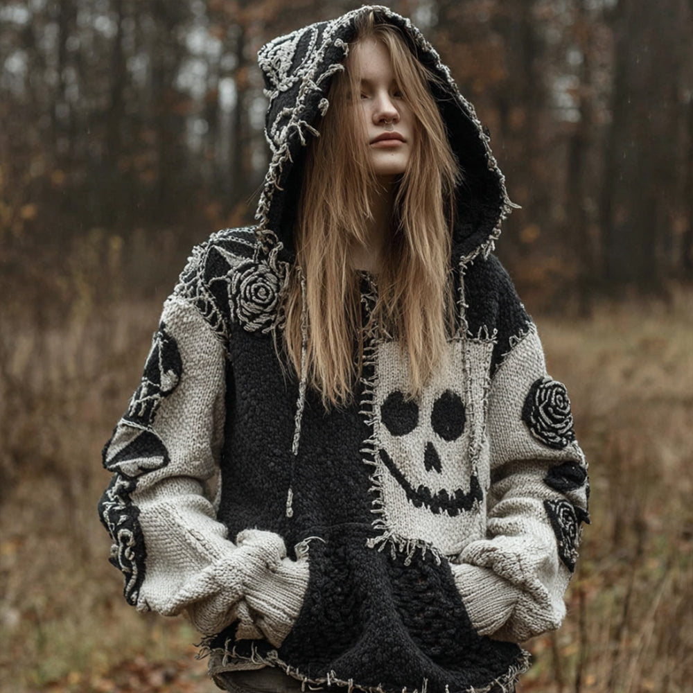 Women's Funny Smiley Face Black And White Hooded Sweater artswardrobe