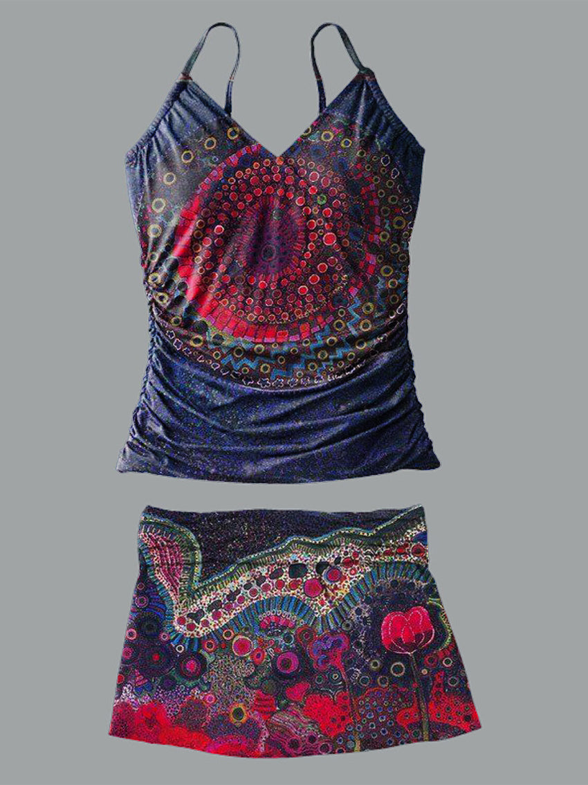 Retro Pattern V-Neck Vintage Flowers Print Suspender Skirt Tankini Pantskirt Set Swimsuit