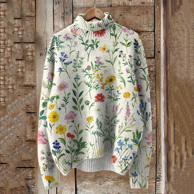 Lovely Floral Art Print Knit Turtleneck Pullover Sweater artswardrobe