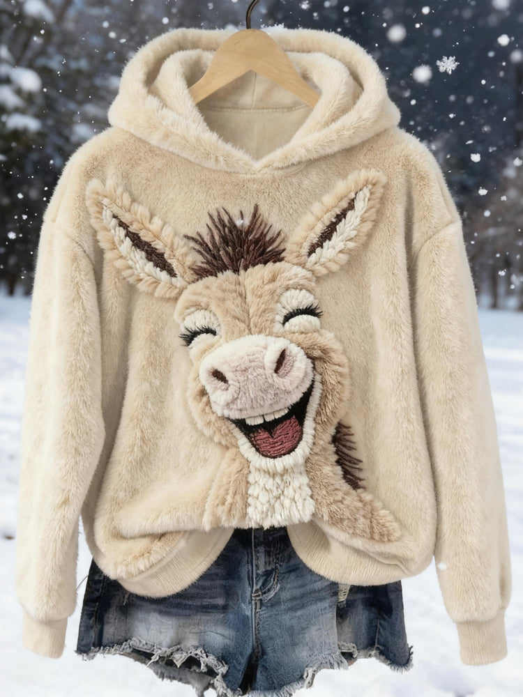 Comstylish Cute Smiling Donkey Embroidered Cozy Plush Hoodie