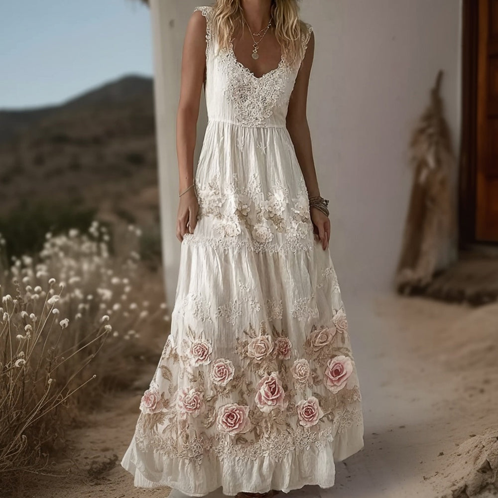 Vintage Boho Pink Roses Embroidered Flowy Lace Linen Maxi Dress elevenforest