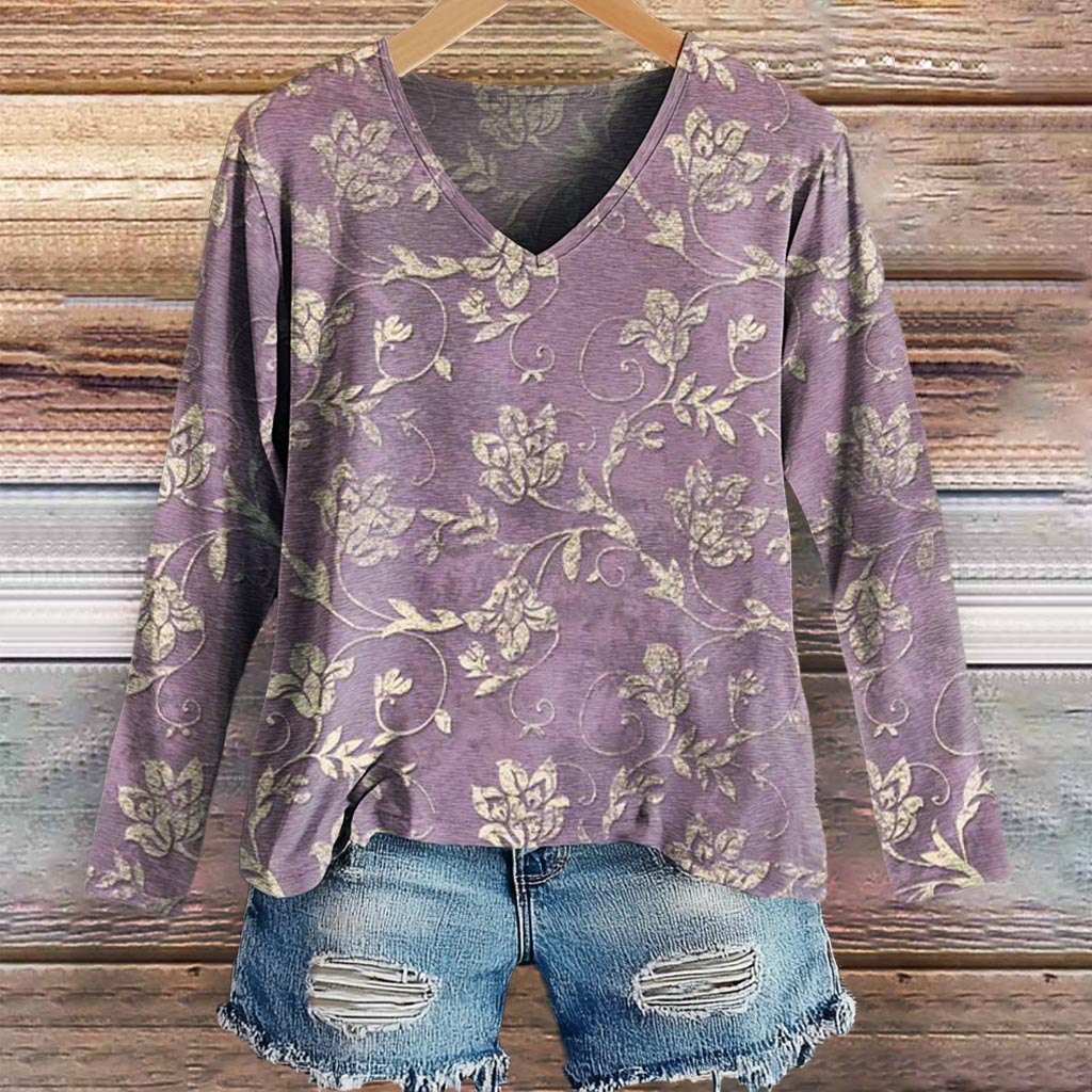 Women's Folk Floral Art Print Casual V-neck Long Sleeve T-shirt