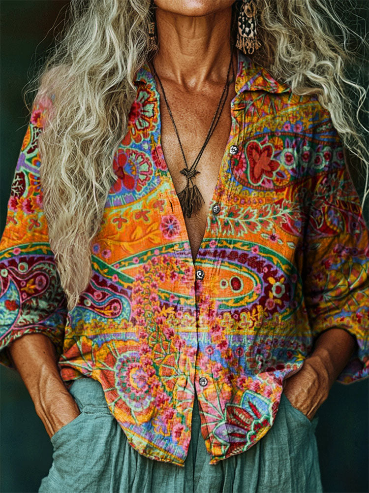 Women's Hippie Art Floral Print V-Neck Shirt