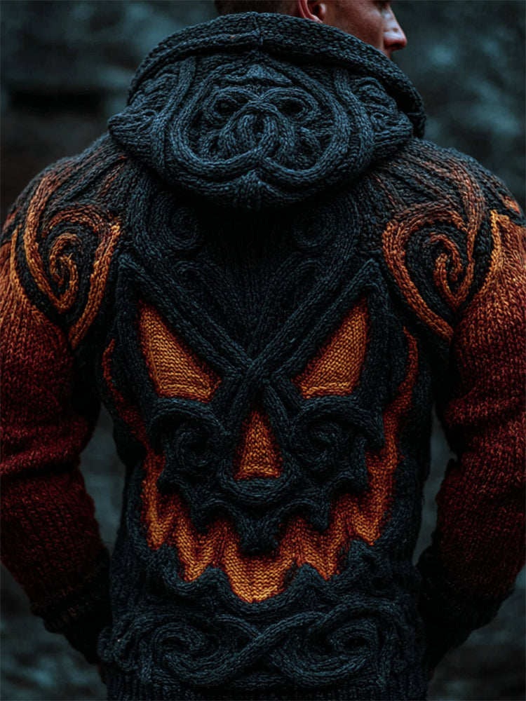 Men's Spooky Pumpkin Viking Celtic Cozy Chunky Hooded Full Zip Cardigan artswardrobe