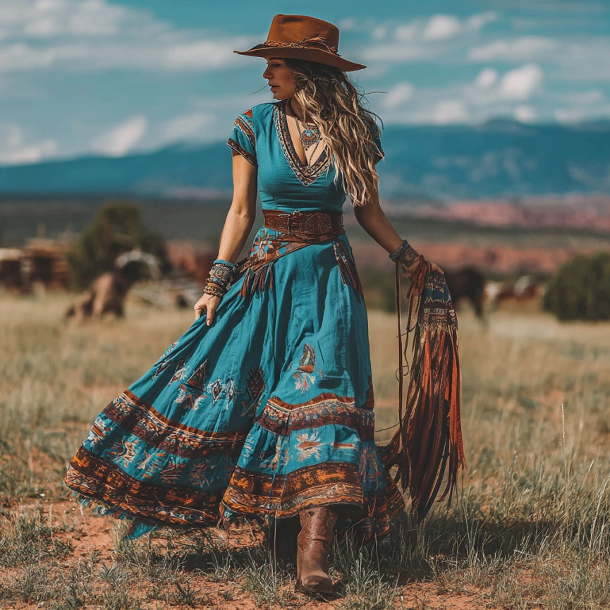 Women's Western Geometric Print V-neck Short Sleeve Maxi Dress artswardrobe