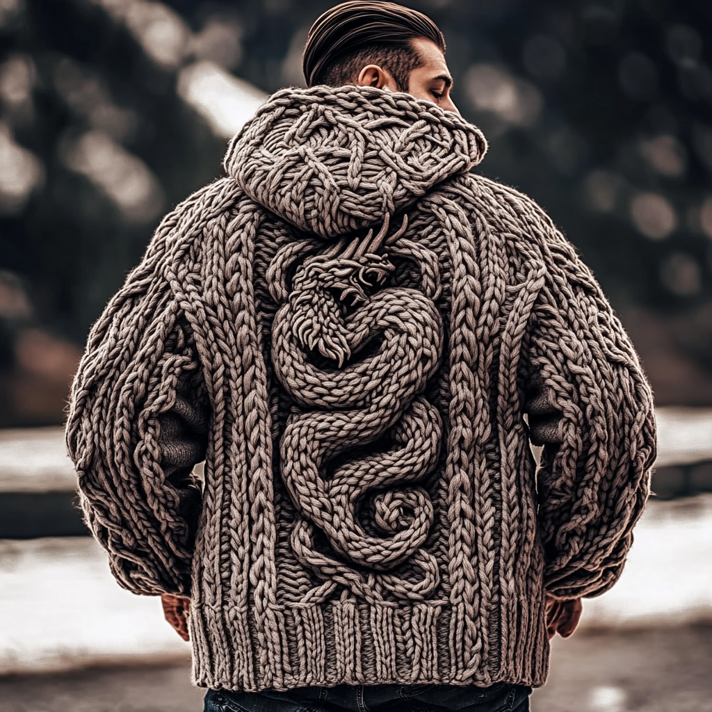 Men's Dragon Viking Celtic Chunky Knit Hooded Sweater elevenforest