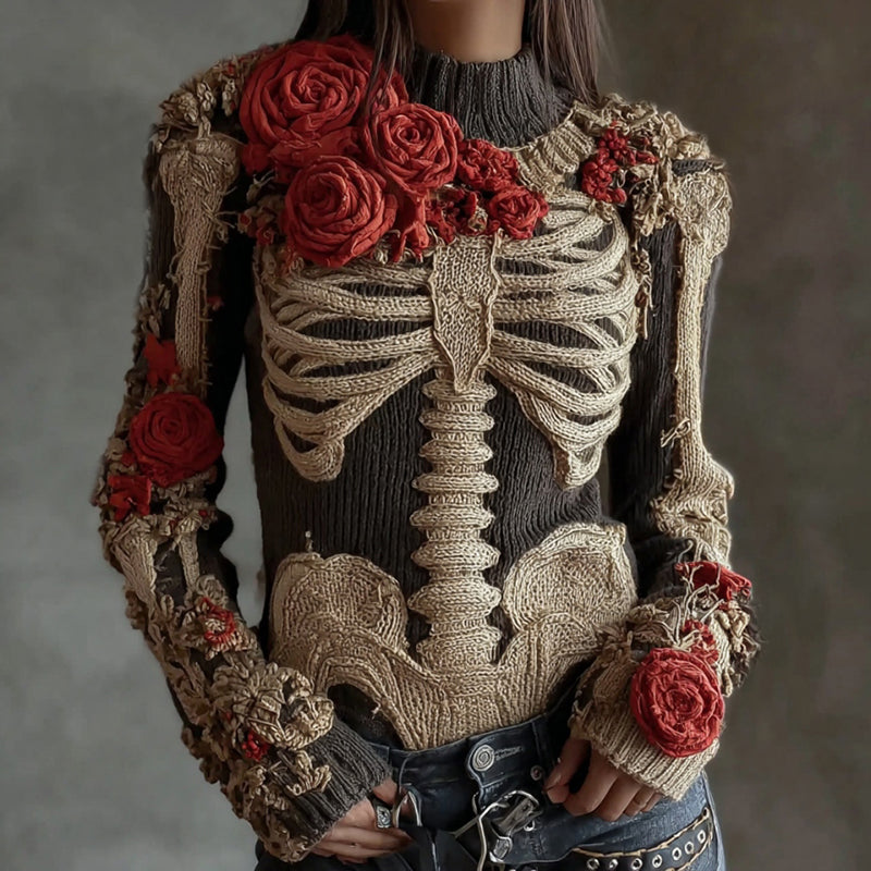 Women's Vintage Halloween Skeleton Red Rose Art Knit Sweater artswardrobe