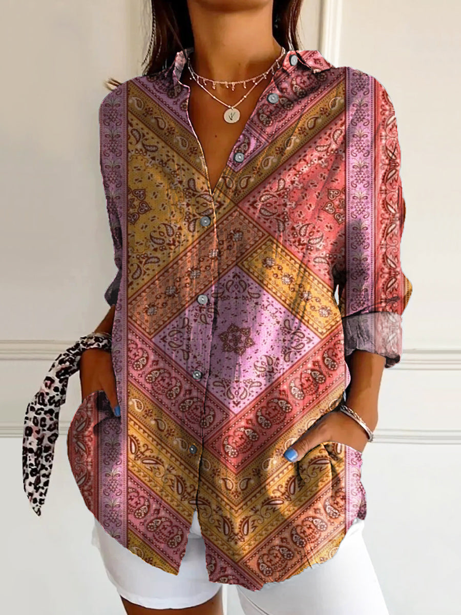 Women's Vintage Ethnic Floral Art Print Casual Cotton Shirt