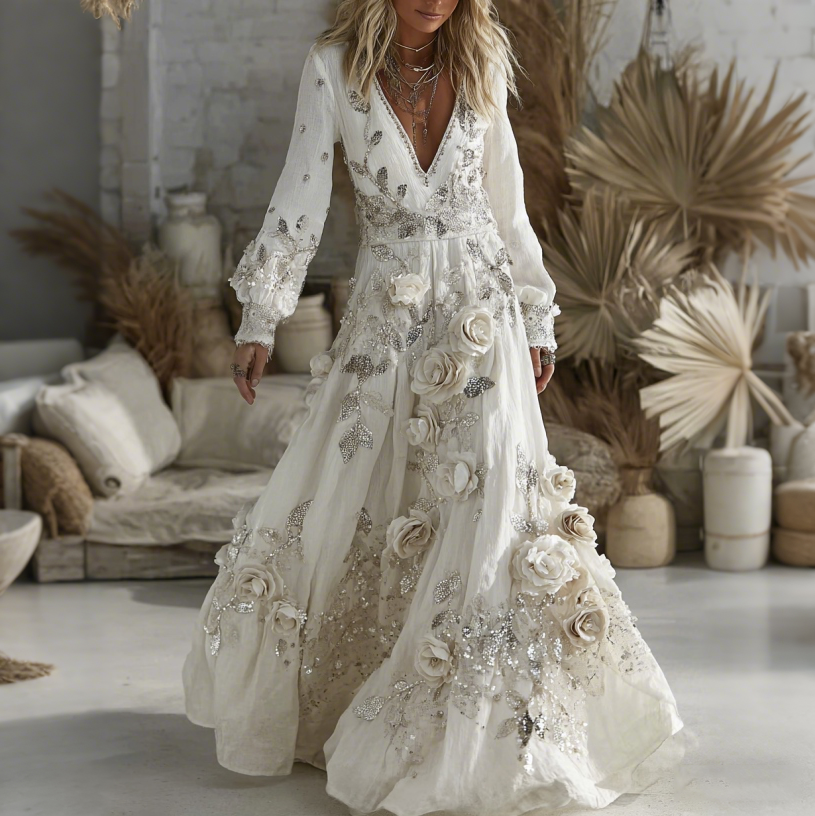 Women's Vintage Boho Pink Rose Floral Sequins Art Flowy Maxi Dress elevenforest