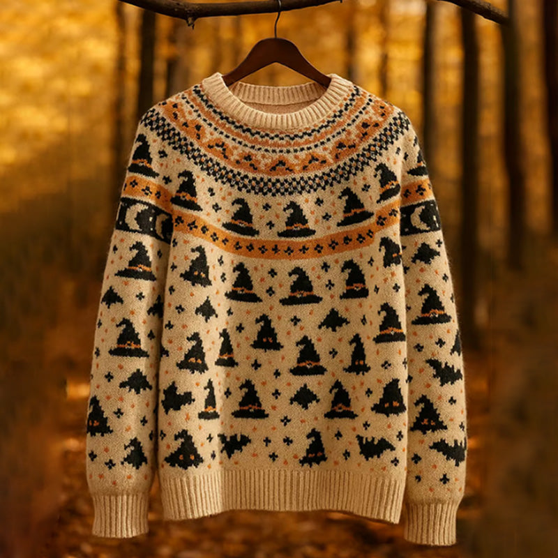 Women's Retro Cat Death Bat Fair Isle Style Halloween Print Sweater artswardrobe