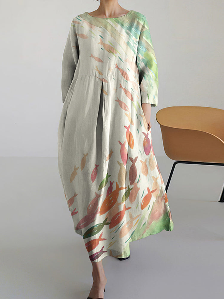 Fish Print Crew Neck Casual Midi Dress