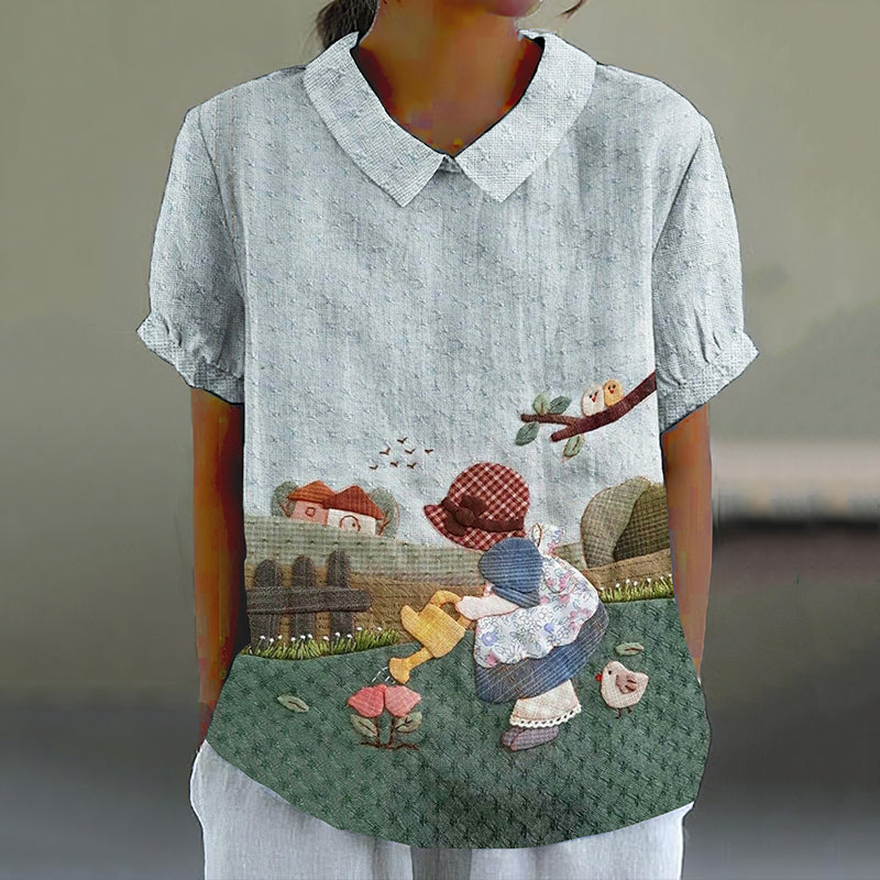 Vintage Linen Quilted Farm Cute Cartoon Pattern Lapel Shirt artswardrobe