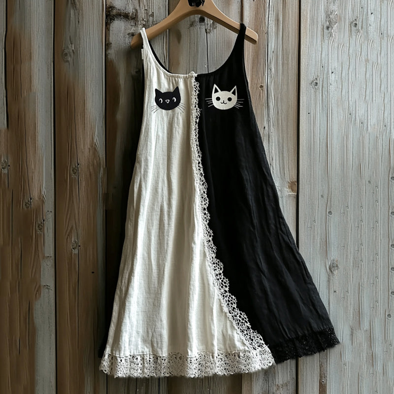 Vintage Black Cat Lace Art Color Block Linen Tank Dress artswardrobe