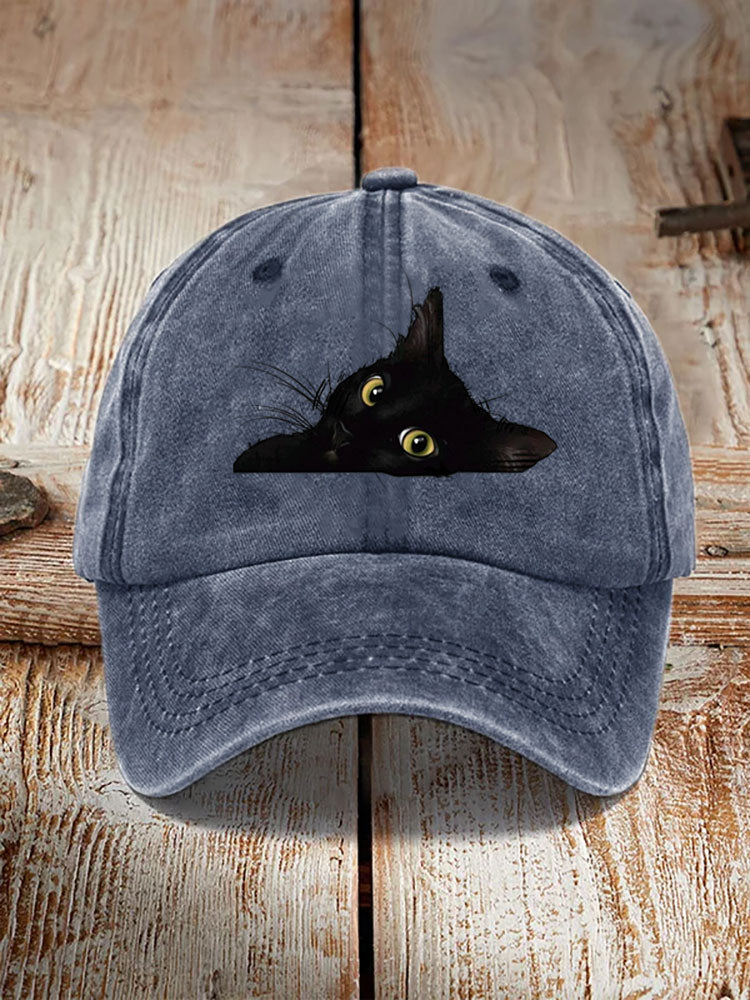Japanese Art Black Cat Print Washed Hat elevenforest