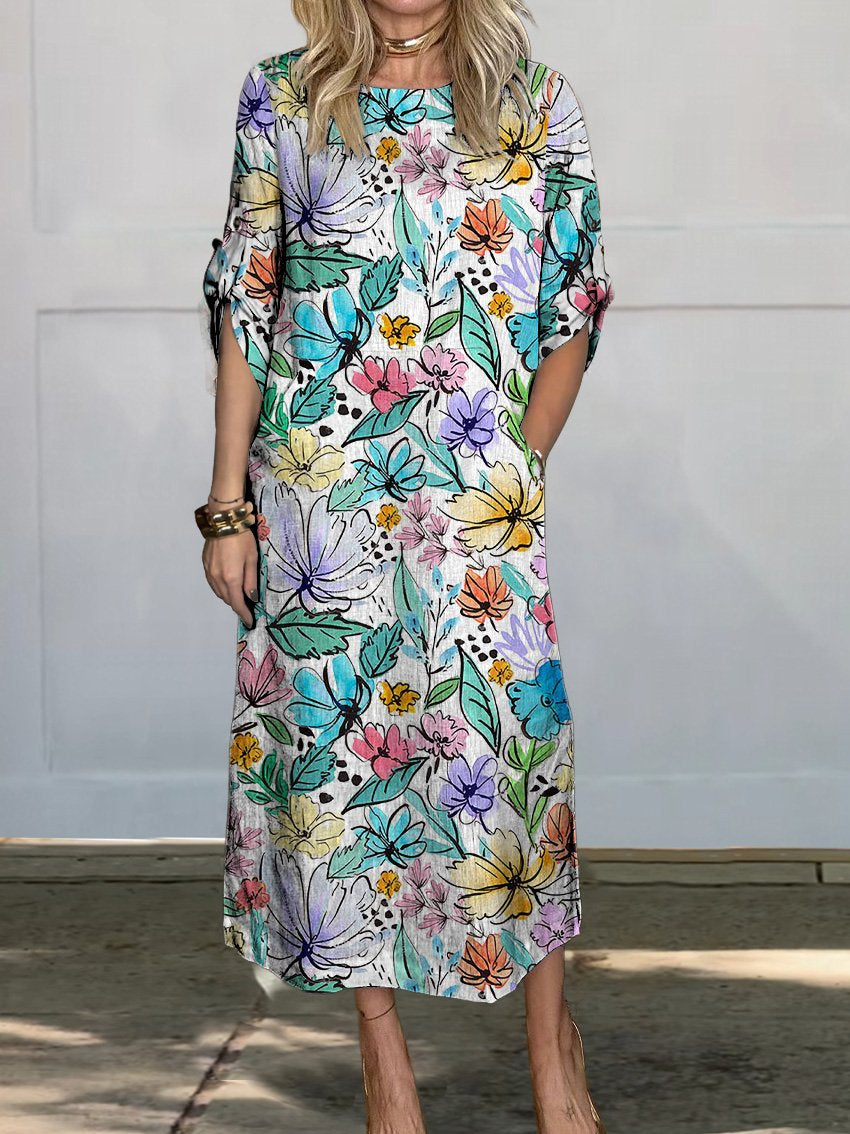 Watercolor Vibrant Floral Field Pattern Printed Women's Comfortable Linen Pocket Dress