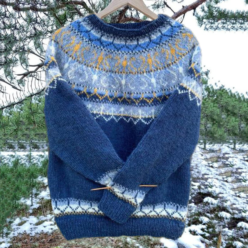 Vintage Icelandic Knit Jacquard Warmth Blue Crew Neck Sweater(Unisex) elevenforest