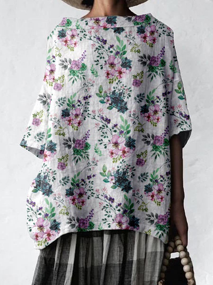 Women's Artistic Elegant Floral Cotton and Linen Top
