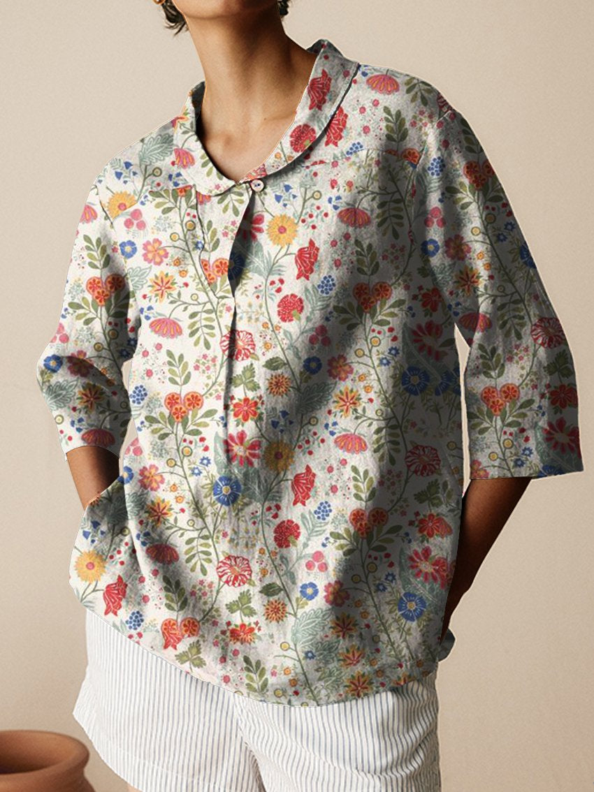 Women's Floral Art Print Casual Linen Cotton 3/4 Sleeve Shirt