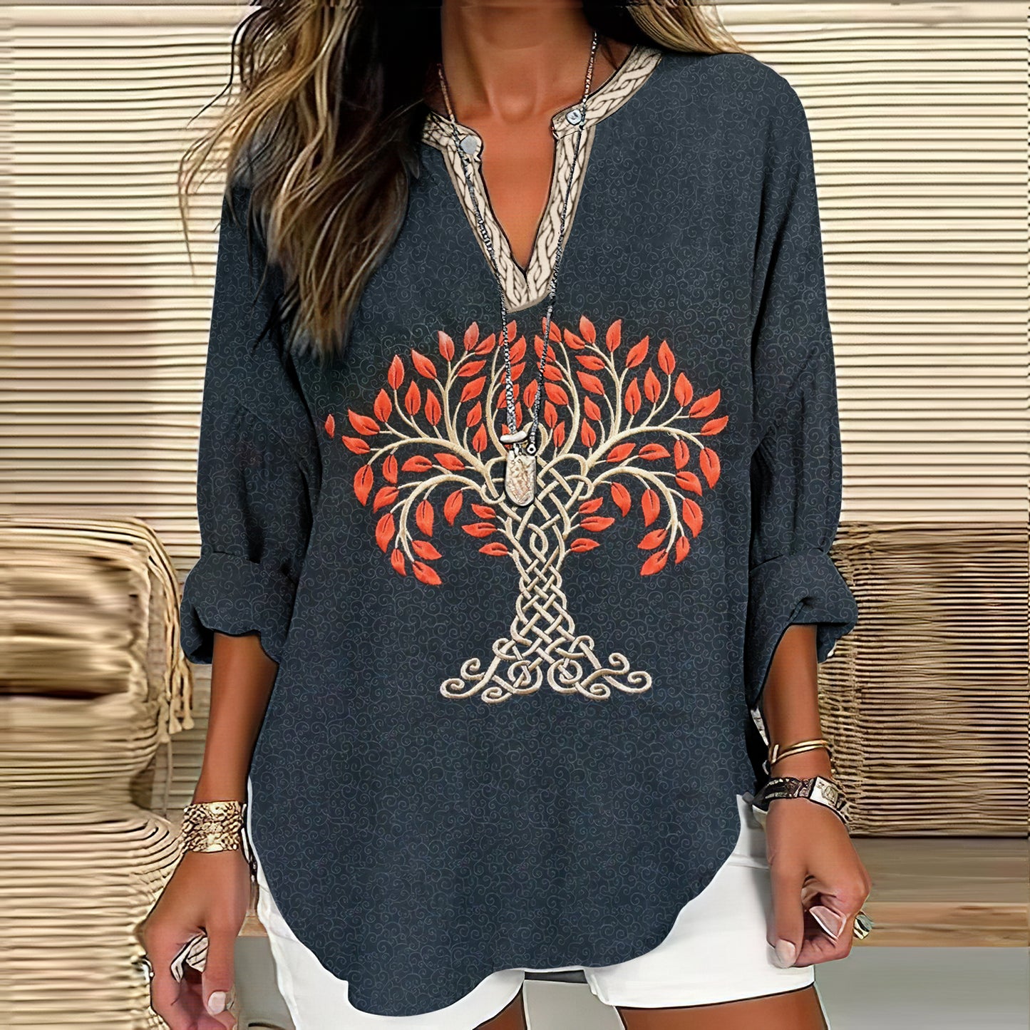 Comstylish Women's Viking Tree Of Life Celtic Knot Art Linen Print Casual Shirt