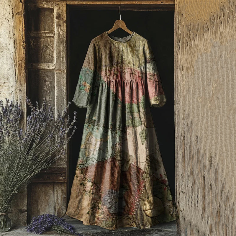 Vintage Print Crew Neck Loose Midi Dress artswardrobe