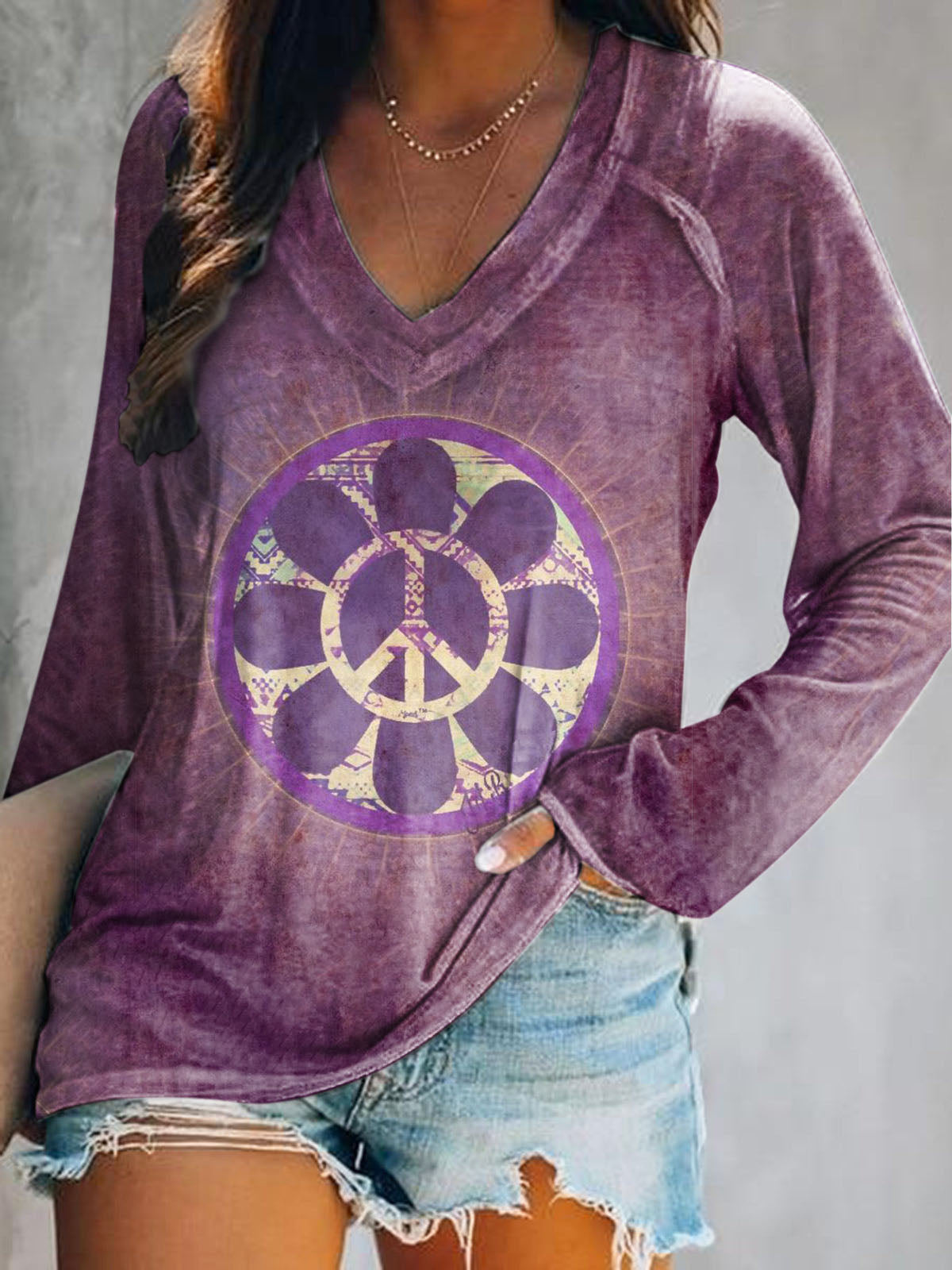 Women's Hippie Art Print V-Neck Long Sleeve Top