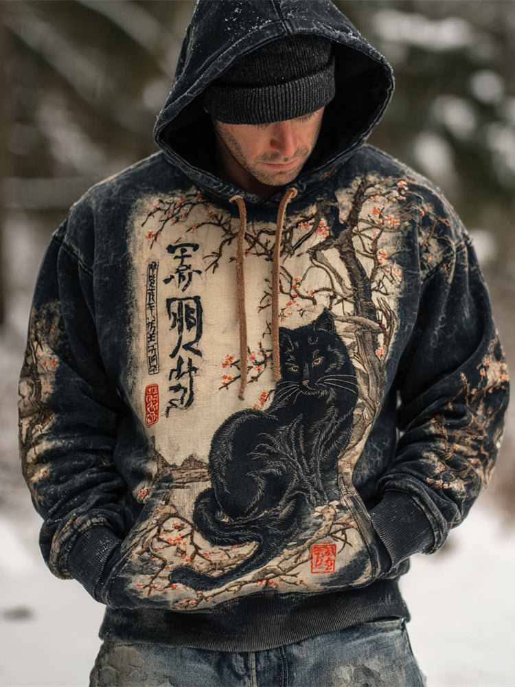 Japanese Black Cat Vintage Art Men's Hooded Sweatshirt elevenforest
