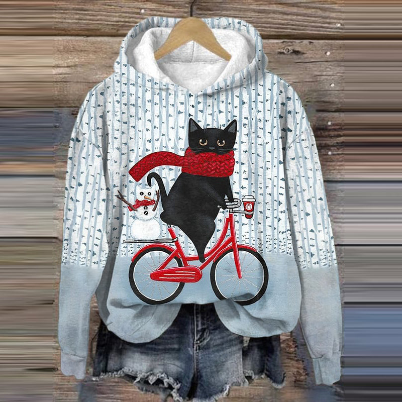 Christmas Cat Print Long Sleeve Casual Hoodie elevenforest
