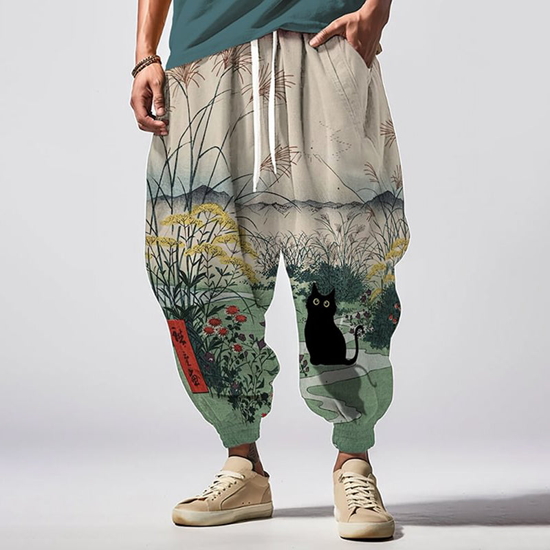 Men's Black Cat in the Garden Japanese Art Print Loose Drawstring Waist Sweatpants elevenforest