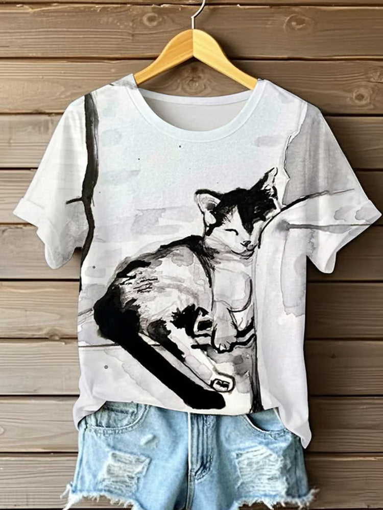Comstylish Women's Cute Animal Cat Ink Painting Pattern Print Round Neck T-shirt